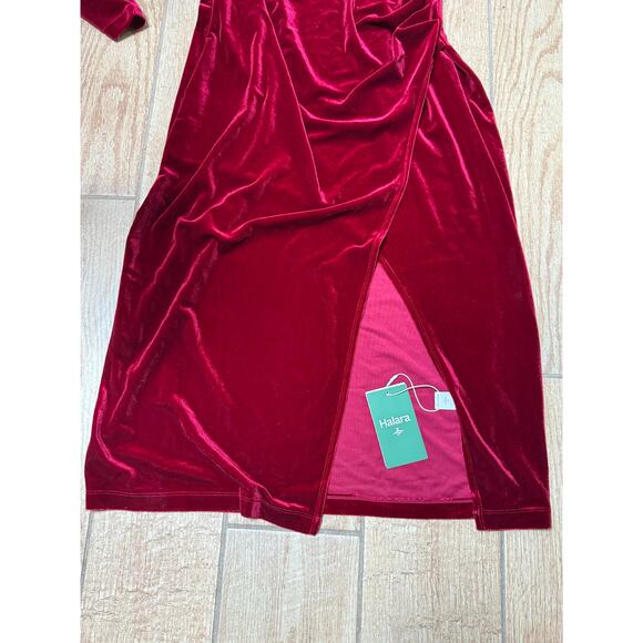 Halara Sangria V Neck Long Sleeve Ruched Split Velvet Midi Casual Dress, Size L - Picture 5 of 7